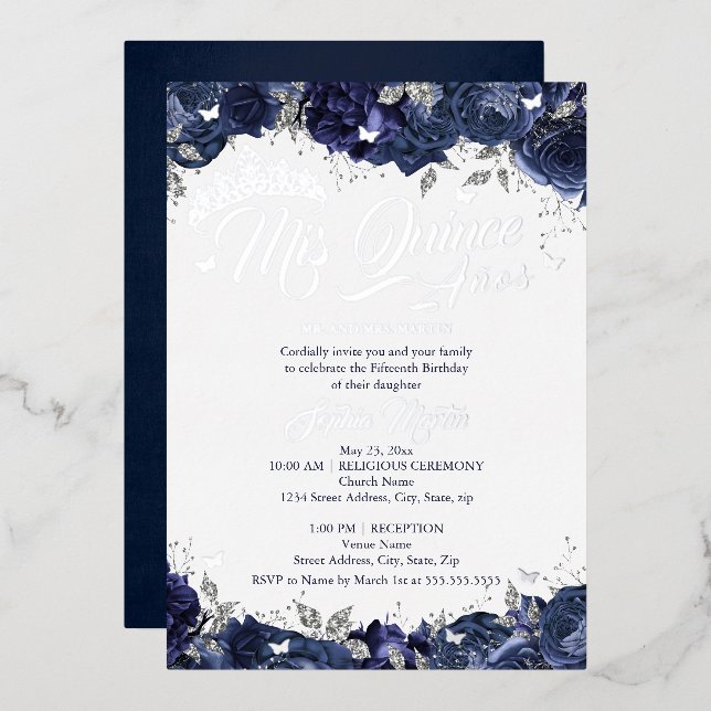Silver Navy Rosen Mis Quince Quinceanera Folieneinladung (Vorderseite/Rückseite)