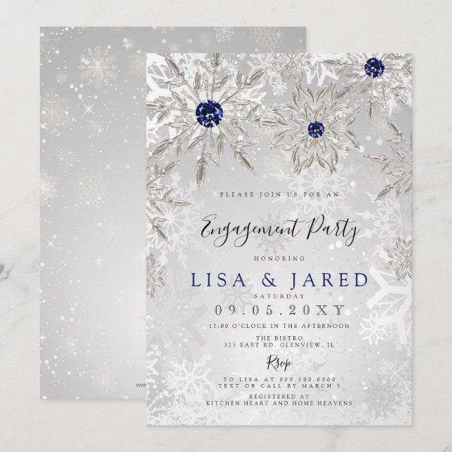 Silver Navy Snowflakes Winter Engagement Party Einladung (Vorne/Hinten)