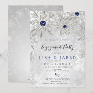Silver Navy Snowflakes Winter Engagement Party Einladung