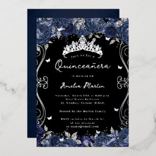 Silver Navy Swirl Scroll Floral Quinceanera Folieneinladung