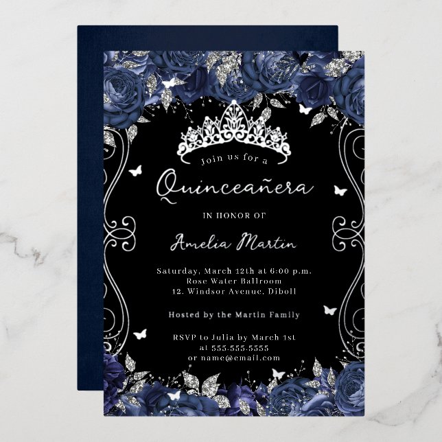 Silver Navy Swirl Scroll Floral Quinceanera Folieneinladung (Vorderseite/Rückseite)