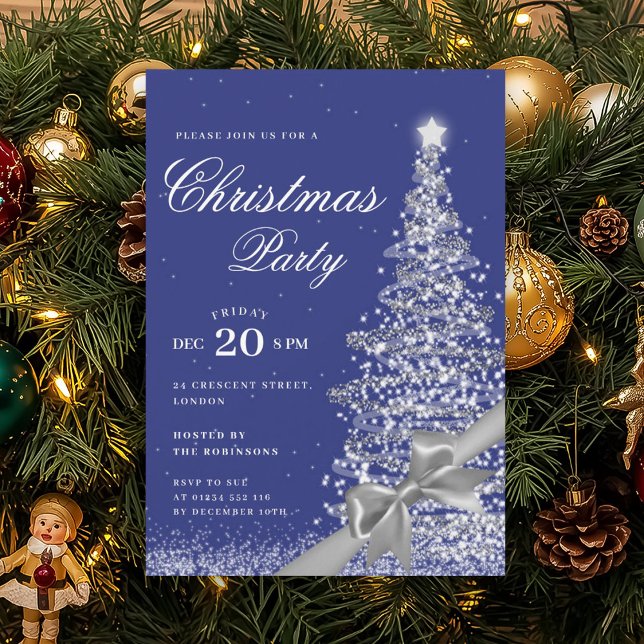 Silver Navy Winter Christmas Tree Bow Holiday  Einladung (Silver Navy Winter Christmas Tree Bow Holiday Invitation)