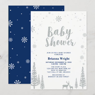 Silver & Navy Winter Wonderland Boy Baby Dusche Einladung