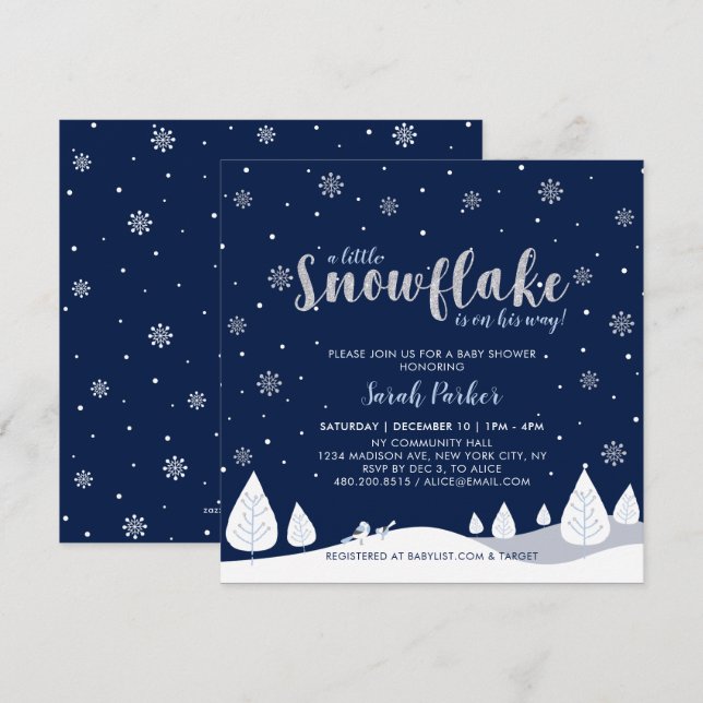 Silver & Navy Winter Wonderland Boy Baby Dusche Einladung (Vorne/Hinten)