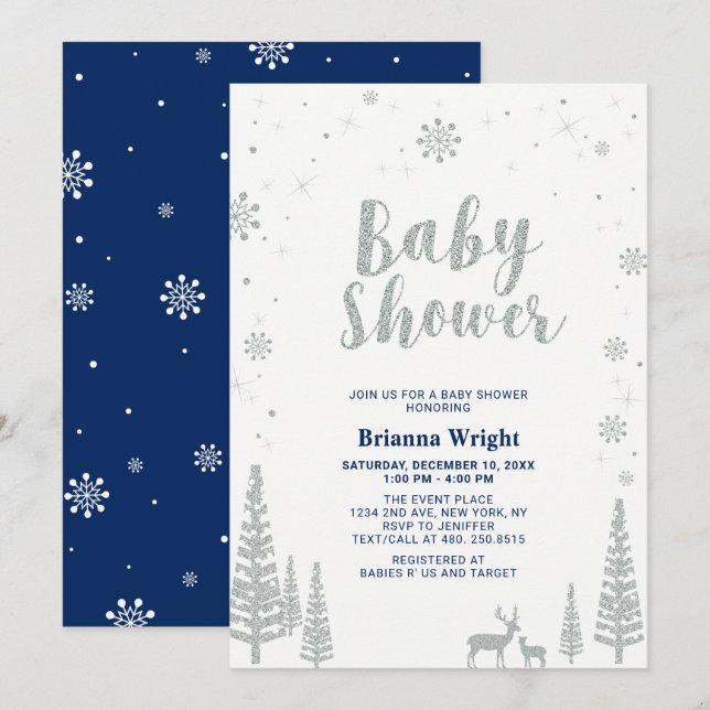 Silver & Navy Winter Wonderland Boy Baby Shower Einladung (Vorne/Hinten)
