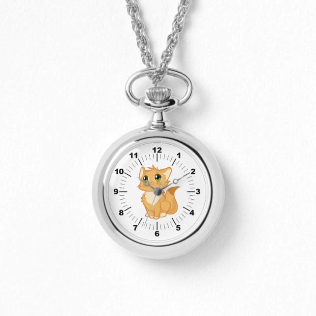 Silver Necklace Beobachten Niedliche Katze Armbanduhr (Vorderseite)