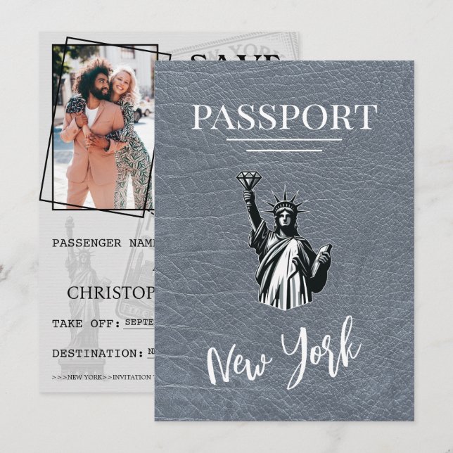 Silver New York City Passport Save the Date (Vorne/Hinten)