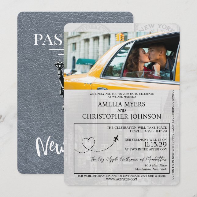 Silver New York City Passport Wedding Einladung (Vorne/Hinten)