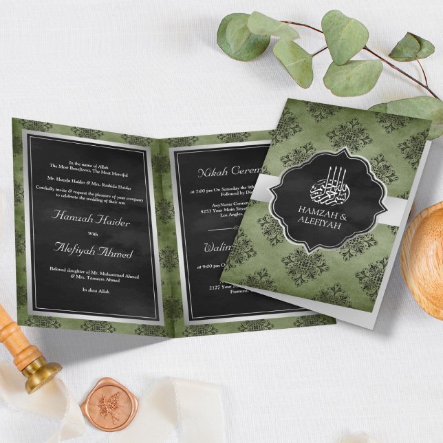 Silver Olive Green Black Damask Muslime Hochzeit Einladung (Von Creator hochgeladen)