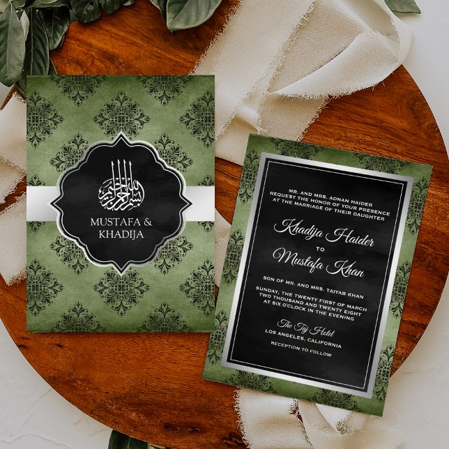 Silver Olive Green Black Damask Muslime Hochzeit Einladung (Von Creator hochgeladen)