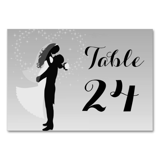 Silver Ombre Silhouette Bridge and Groom Table Car Tischnummer (Vorderseite)