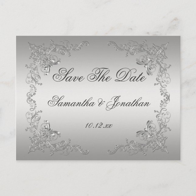 Silver Ombre Verziert Silver Wirbel Save the Date Ankündigungspostkarte (Vorderseite)