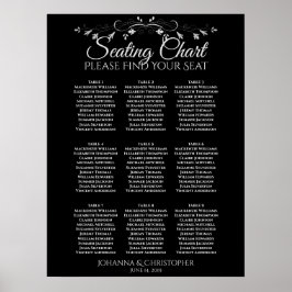 Silver on Black 9 Table Wedding Seating Chart Poster