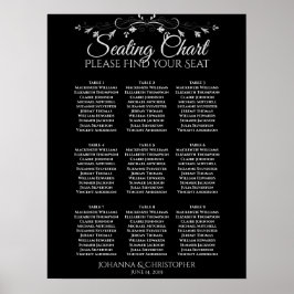 Silver on Black 9 Table Wedding Seating Chart Poster