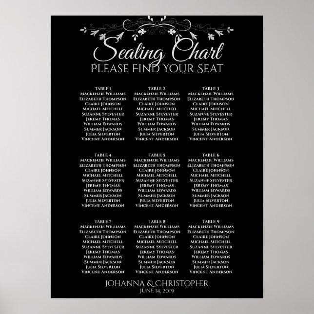 Silver on Black 9 Table Wedding Seating Chart Poster (Vorne)