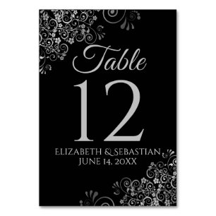 Silver on Black Elegant Filigree Wedding Tischnummer