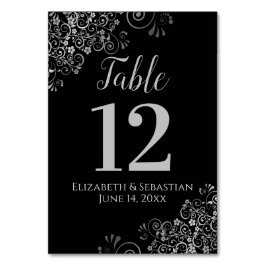 Silver on Black Elegant Frilly Wedding Tischnummer
