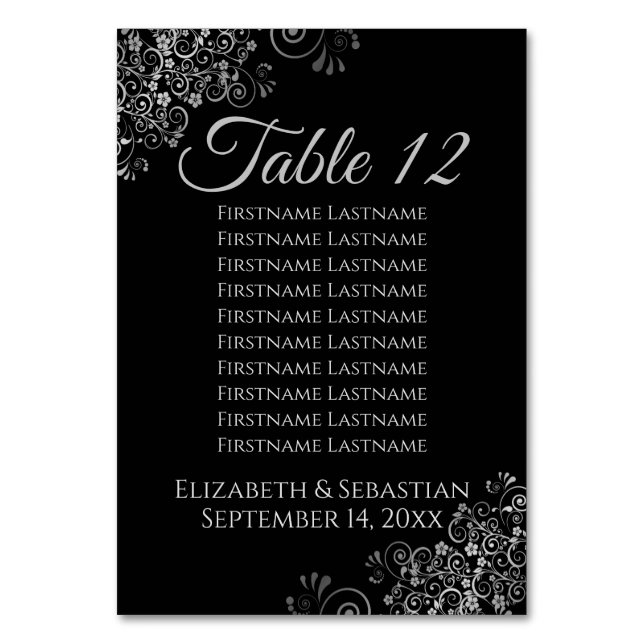 Silver on Black Elegante Wedding Seating Chart Tischnummer (Vorderseite)
