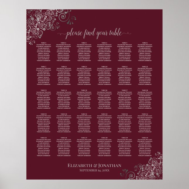 Silver on Burgundy 30 Table Wedding Seating Chart Poster (Vorne)