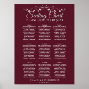 Silver on Burgundy 9 Table Wedding Seating Chart Poster