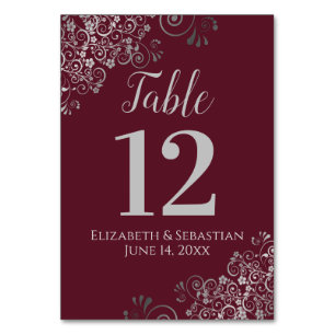 Silver on Burgundy Elegant Frilly Wedding Tischnummer