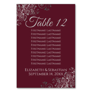 Silver on Burgundy Elegante Wedding Seating Chart Tischnummer