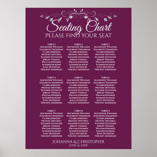 Silver on Cassis 9 Table Wedding Seating Chart Poster (Vorne)
