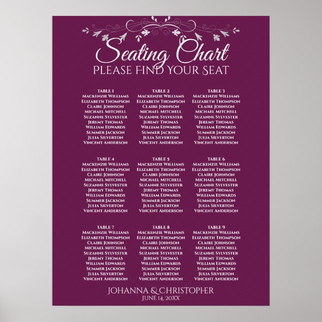 Silver on Cassis 9 Table Wedding Seating Chart Poster (Vorne)