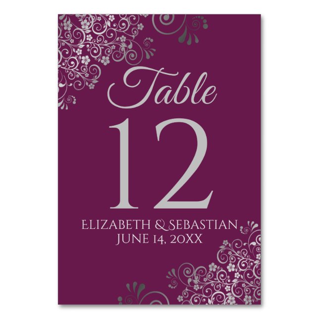 Silver on Cassis Lila Elegant Filigree Wedding Tischnummer (Vorderseite)