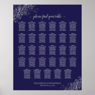 Silver on Navy Blue 29 Table Wedding Seating Chart Poster