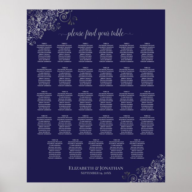 Silver on Navy Blue 29 Table Wedding Seating Chart Poster (Vorne)