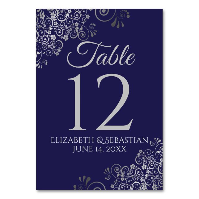 Silver on Navy Blue Elegant Filigree Wedding Tischnummer (Vorderseite)