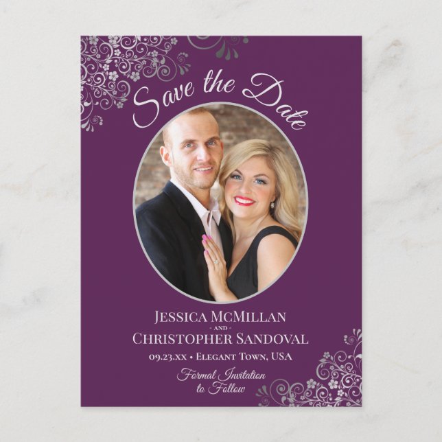 Silver on Plum Purple Wedding Save the Date Photo Ankündigungspostkarte (Vorderseite)