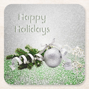 Silver Ornament White Ribbon Weihnachtsbuch Rechteckiger Pappuntersetzer