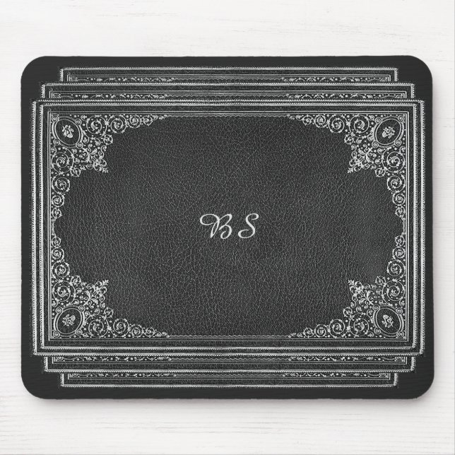 Silver Ornamental auf Schwarz mit Initialen Mousepad (Vorne)