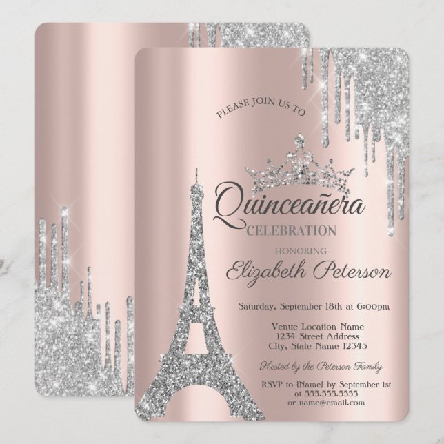 Silver Paris Eiffel Tower, Tropfens Quinceañera Einladung (Vorne/Hinten)
