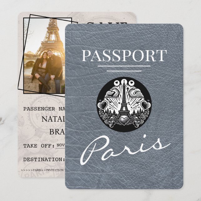 Silver Paris Passport Save the Date (Vorne/Hinten)