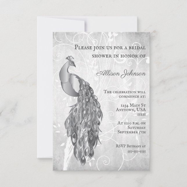 Silver Peacock Bridal Dusche Einladung (Vorderseite)