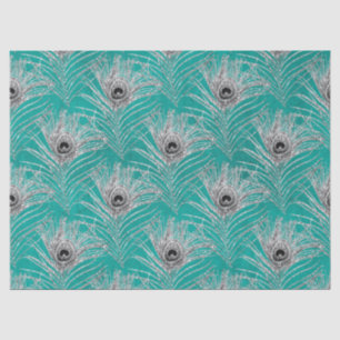 Silver Peacock Federn auf Aquamariner Decoupage Seidenpapier