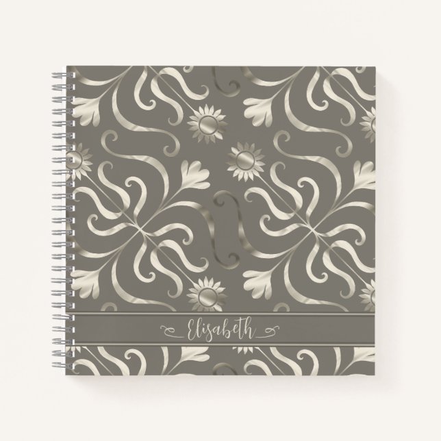Silver & Pearl Floral Damask Sonnenblume Klasse Gr Notizbuch (Vorderseite)