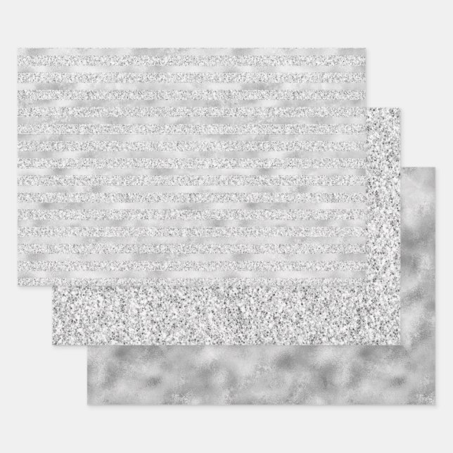 Silver Pearl Glam Glitzer Streifen Geschenkpapier Set (Set)