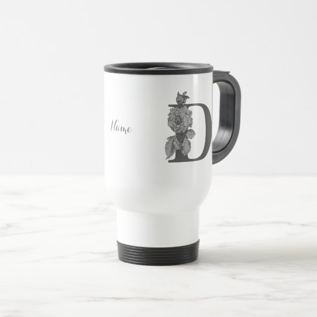 Silver Peony Elegant Monogram Initial D Your Name Reisebecher (VorderseiteRechts)