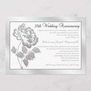 Silver Peony on White Linen 25-jähriges Bestehen Einladung
