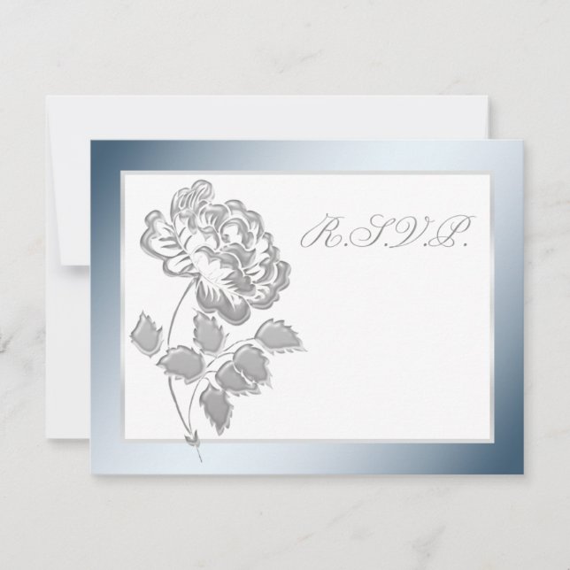 Silver Peony on White mit Blue Repcard Einladung (Vorderseite)