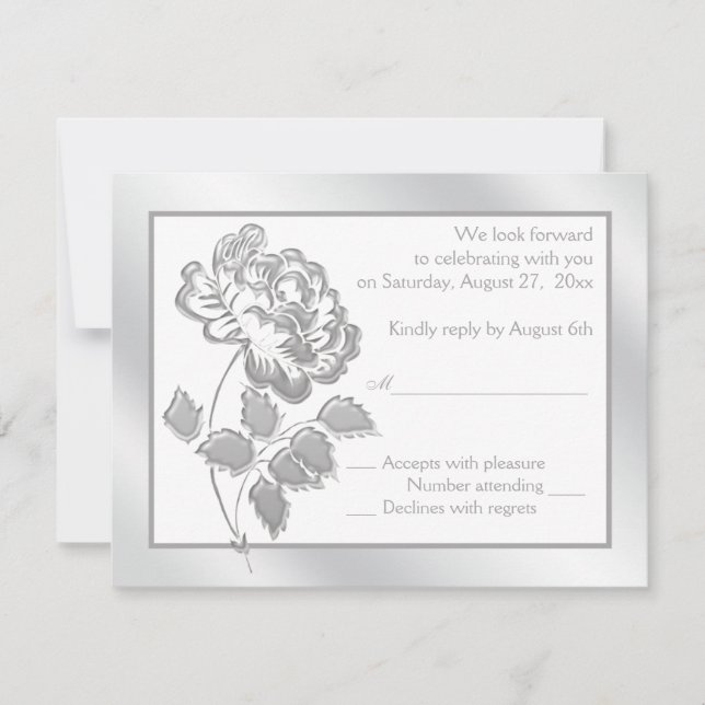 Silver Peony on White Repcard Einladung (Vorderseite)