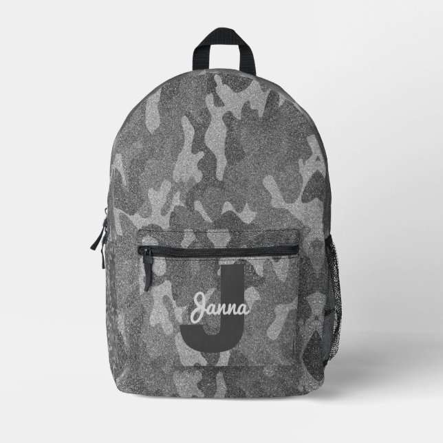 Silver & Pewter Camouflage Glitter Monogrammed Bedruckter Rucksack (Vorderseite)