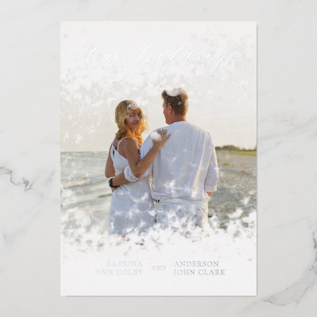 Silver Photo Whimsical Our Wedding Script Real Folieneinladung (Vorderseite)