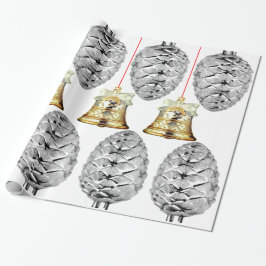 Silver Pinecones and Bells Wrapping Paper Geschenkpapier