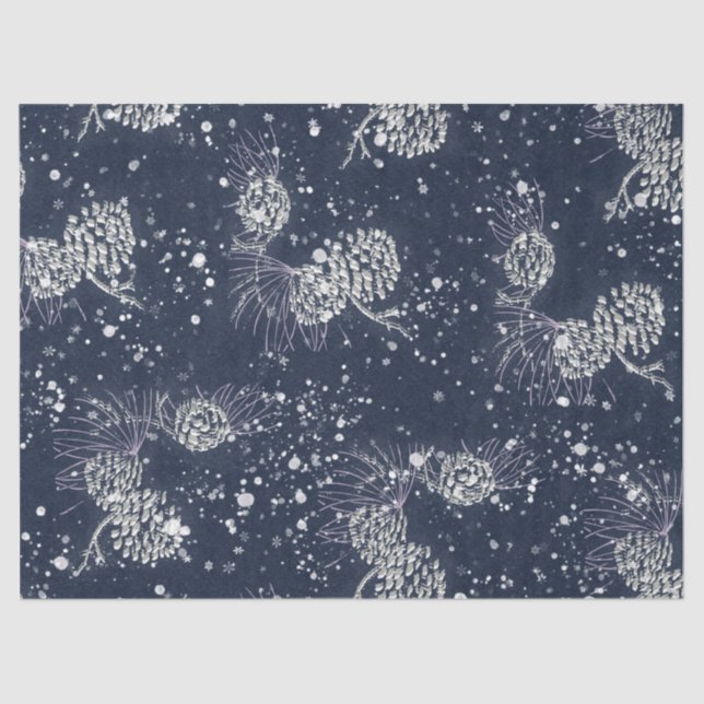 Silver Pinecones Snow Navy Blue Holiday Seidenpapier (Vorderseite)