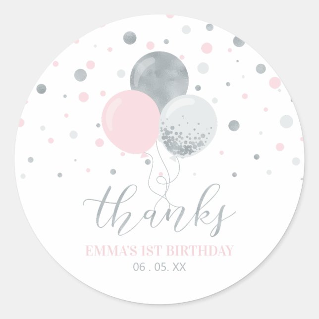 Silver & Pink Balloons | Gastgeschenk Danke, Cla Runder Aufkleber (Vorderseite)